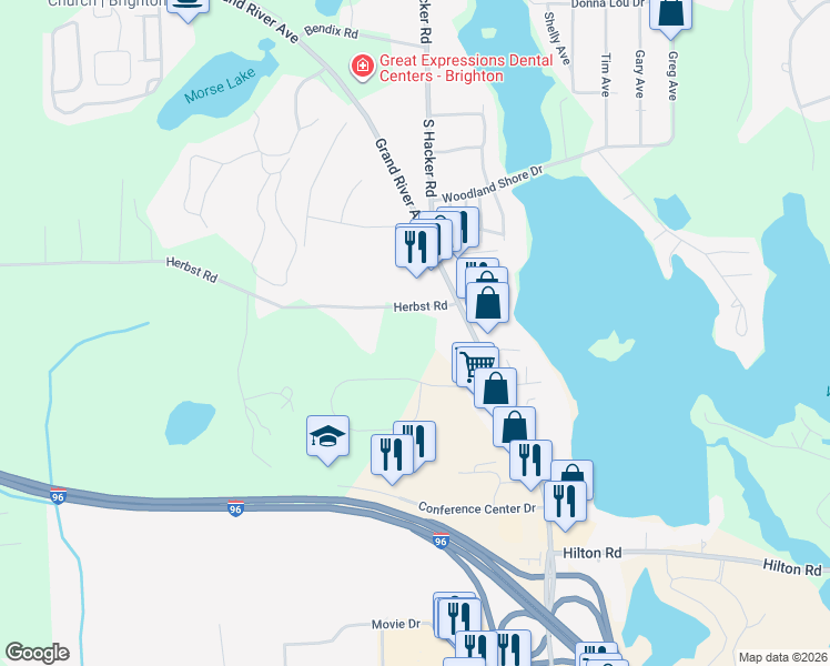 map of restaurants, bars, coffee shops, grocery stores, and more near 7900 Herbst Road in Brighton
