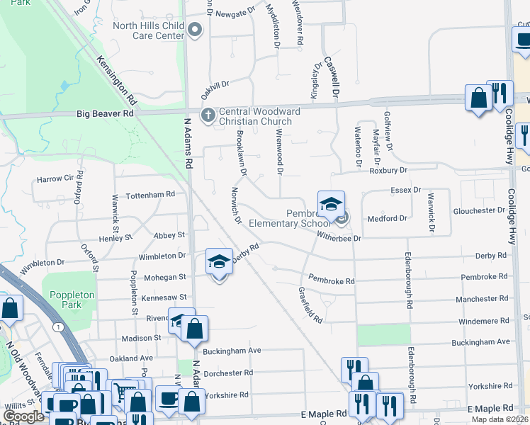 map of restaurants, bars, coffee shops, grocery stores, and more near 1023 Brooklawn Drive in Troy