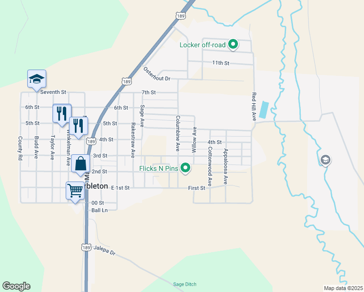 map of restaurants, bars, coffee shops, grocery stores, and more near Columbine Ave in Marbleton