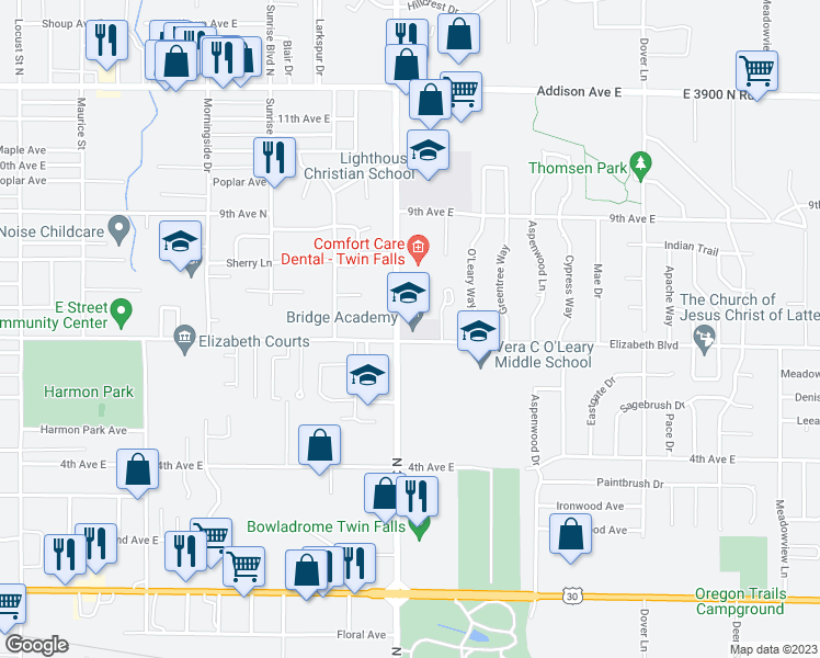 map of restaurants, bars, coffee shops, grocery stores, and more near 616 Eastland Drive in Twin Falls