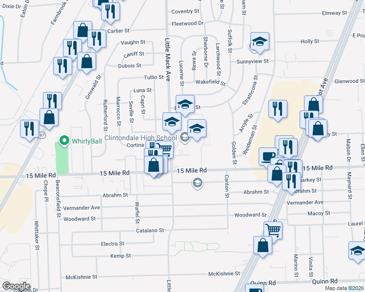 map of restaurants, bars, coffee shops, grocery stores, and more near 35200 Little Mack Avenue in Clinton Township