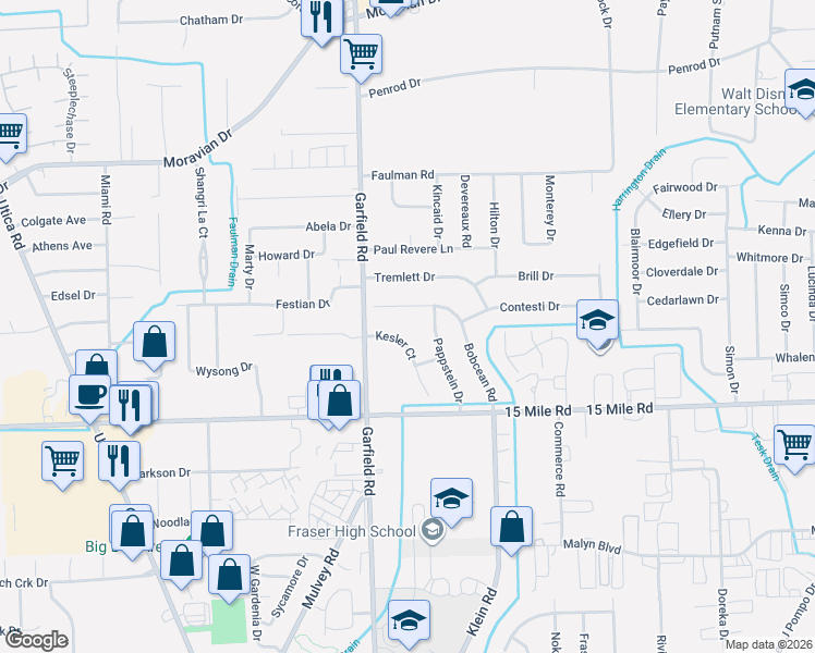 map of restaurants, bars, coffee shops, grocery stores, and more near 35325 Bobcean Road in Clinton Township