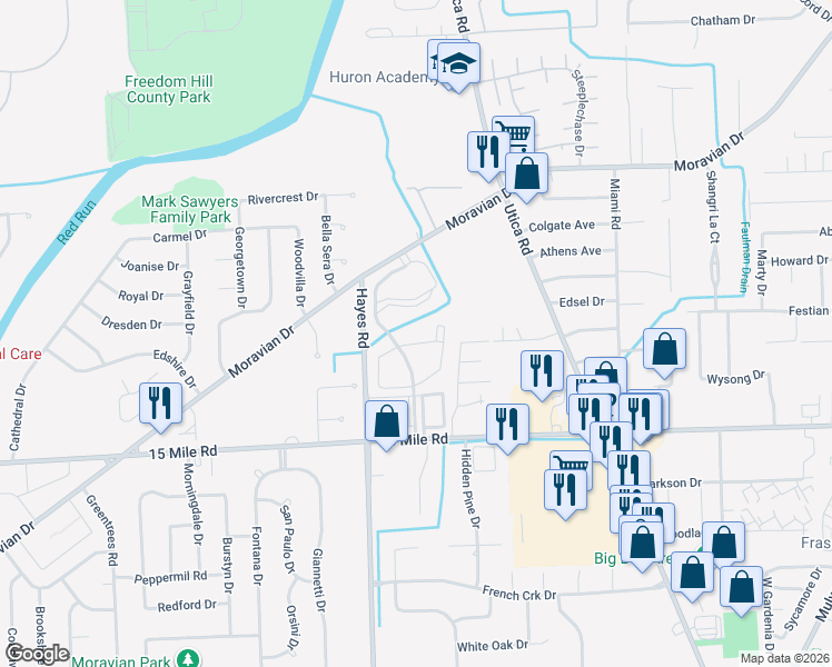 map of restaurants, bars, coffee shops, grocery stores, and more near 35700 Moravian Drive in Macomb County