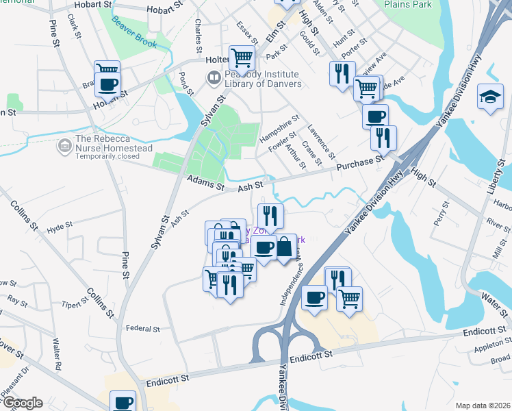 map of restaurants, bars, coffee shops, grocery stores, and more near 18 Abington Road in Danvers