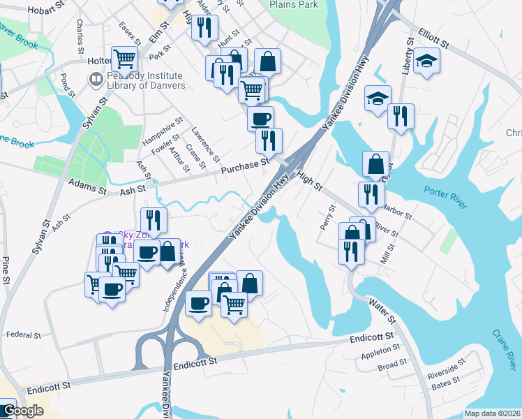 map of restaurants, bars, coffee shops, grocery stores, and more near 15 Pleasant Avenue in Danvers
