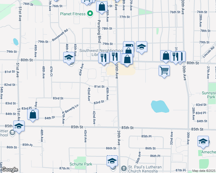 map of restaurants, bars, coffee shops, grocery stores, and more near 3938 81st Street in Kenosha