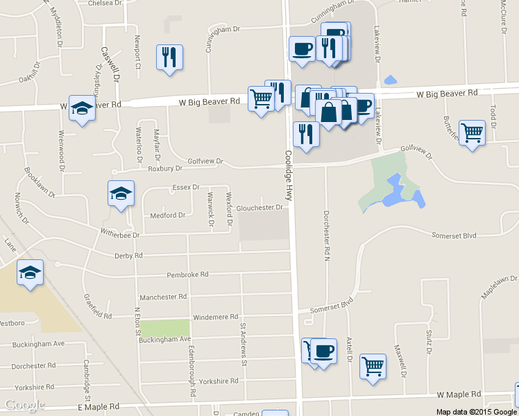map of restaurants, bars, coffee shops, grocery stores, and more near 3100 Glouchester Drive in Troy