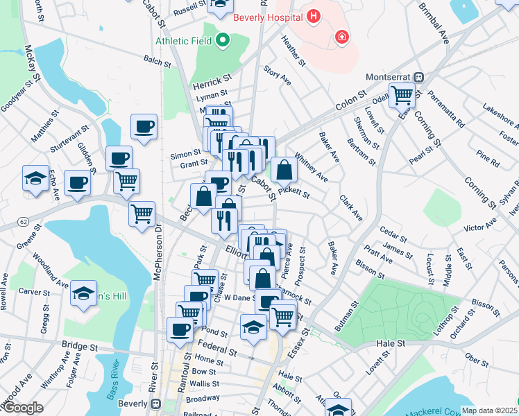 map of restaurants, bars, coffee shops, grocery stores, and more near 12 Lenox Street in Beverly