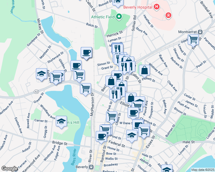 map of restaurants, bars, coffee shops, grocery stores, and more near 21 Beckford Street in Beverly
