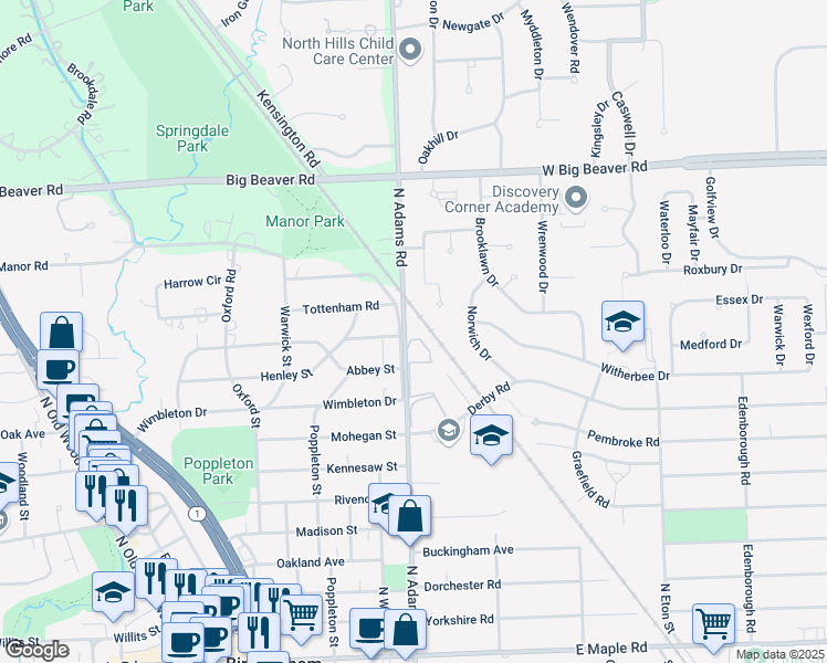 map of restaurants, bars, coffee shops, grocery stores, and more near 1075 North Adams Road in Birmingham