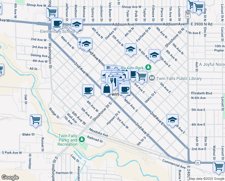map of restaurants, bars, coffee shops, grocery stores, and more near 148 Main Avenue West in Twin Falls