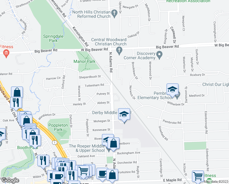 map of restaurants, bars, coffee shops, grocery stores, and more near 1075 North Adams Road in Birmingham