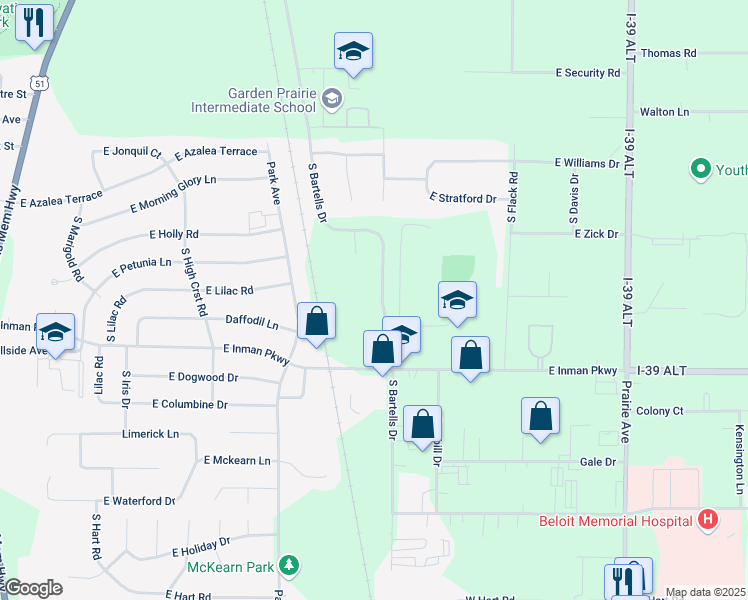 map of restaurants, bars, coffee shops, grocery stores, and more near 3032 South Bartells Drive in Beloit