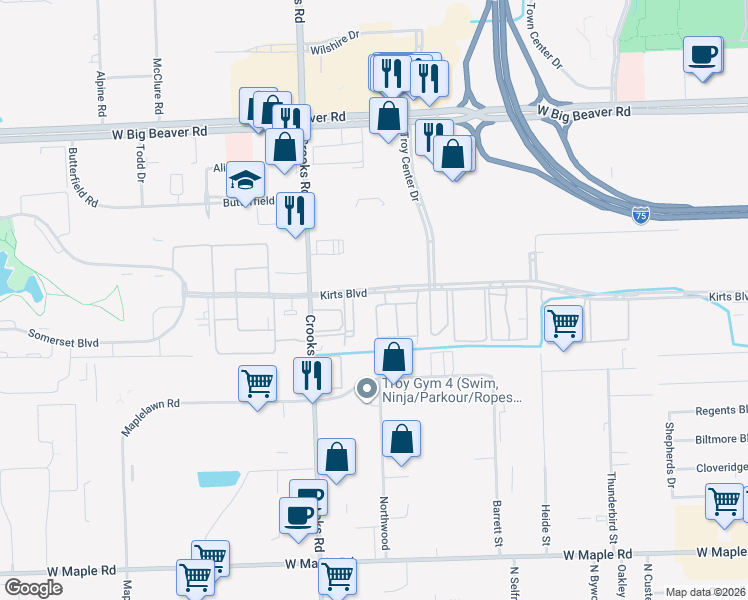 map of restaurants, bars, coffee shops, grocery stores, and more near 1257 Kirts Boulevard in Troy