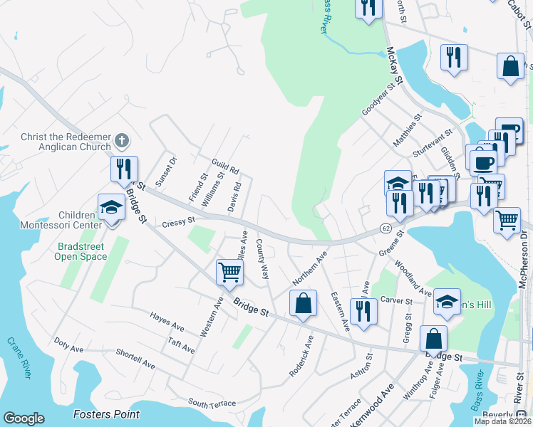 map of restaurants, bars, coffee shops, grocery stores, and more near 5 Cleveland Road in Beverly