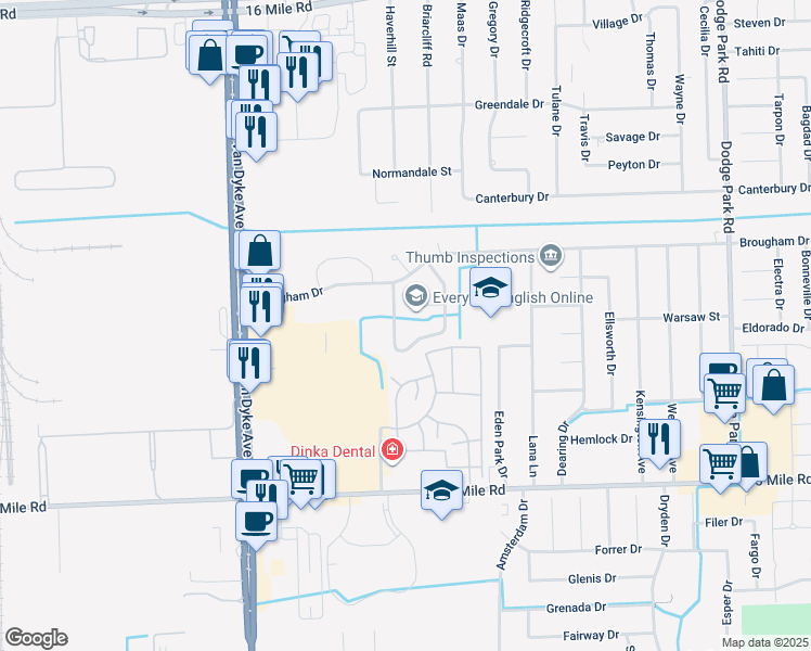 map of restaurants, bars, coffee shops, grocery stores, and more near 35717 Farmbrook Court in Sterling Heights