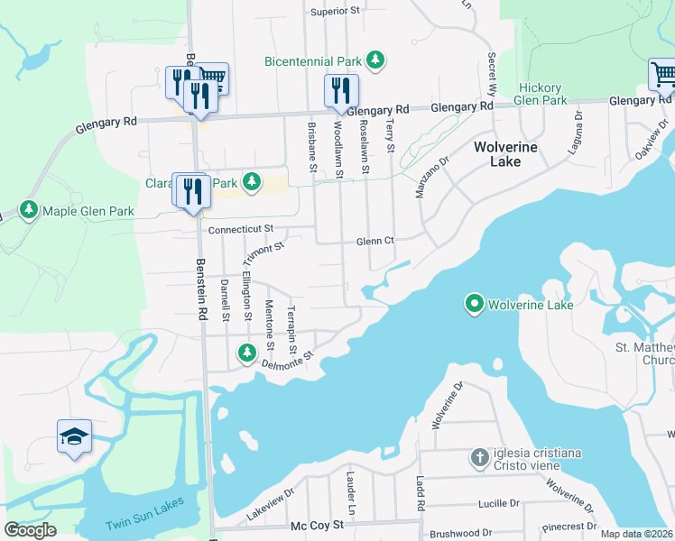 map of restaurants, bars, coffee shops, grocery stores, and more near 1230 Woodlawn Court in Commerce Charter Township