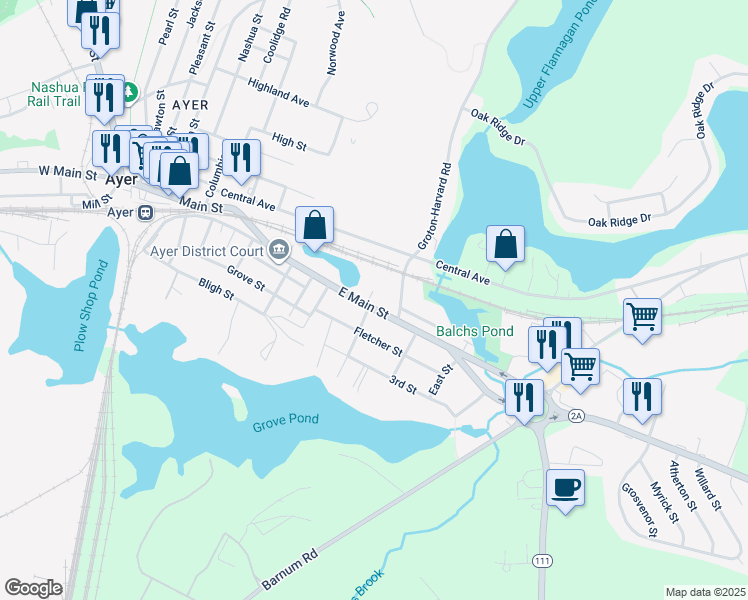 map of restaurants, bars, coffee shops, grocery stores, and more near 68 East Main Street in Ayer