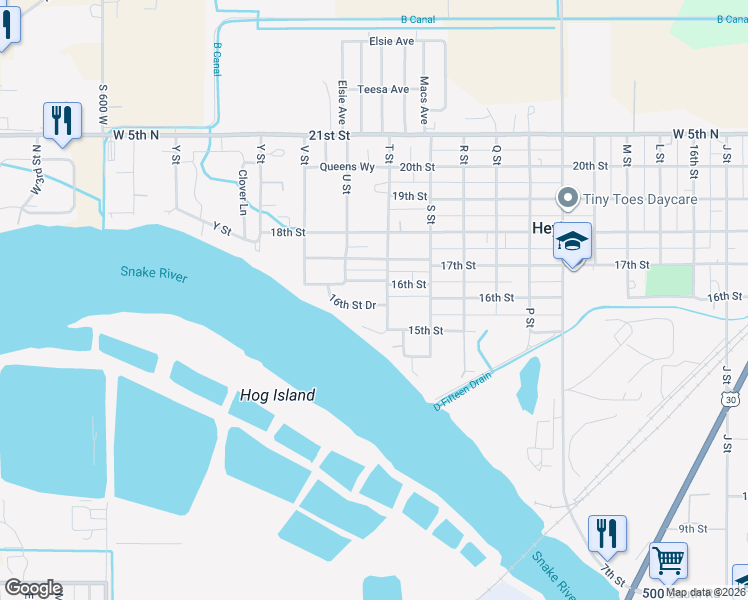 map of restaurants, bars, coffee shops, grocery stores, and more near 2020 16th Street Drive in Heyburn