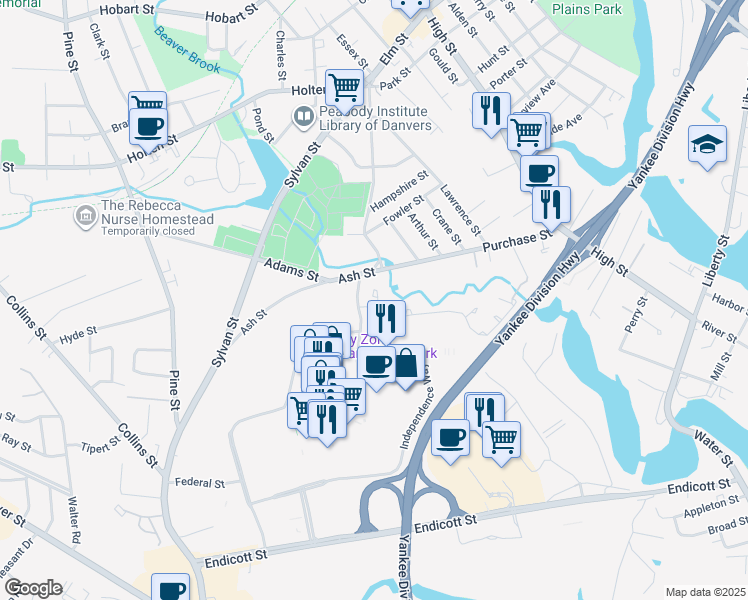 map of restaurants, bars, coffee shops, grocery stores, and more near 18 Abington Road in Danvers