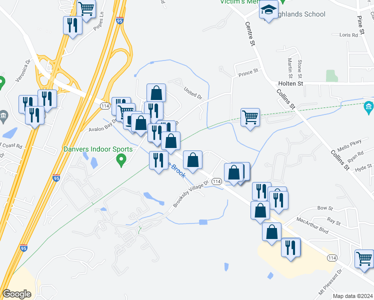 map of restaurants, bars, coffee shops, grocery stores, and more near 107 Andover Street in Danvers