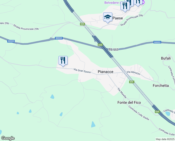 map of restaurants, bars, coffee shops, grocery stores, and more near 76 Via Gran Sasso in Pianacce