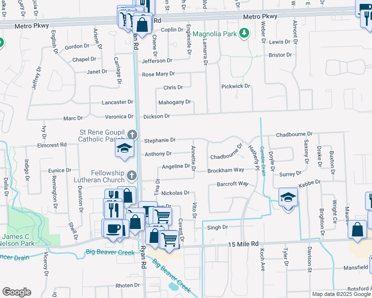 map of restaurants, bars, coffee shops, grocery stores, and more near 4254 Stephanie Drive in Sterling Heights
