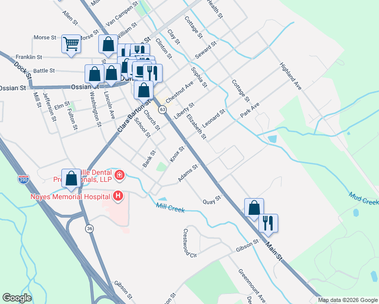 map of restaurants, bars, coffee shops, grocery stores, and more near 75 Main Street in Dansville