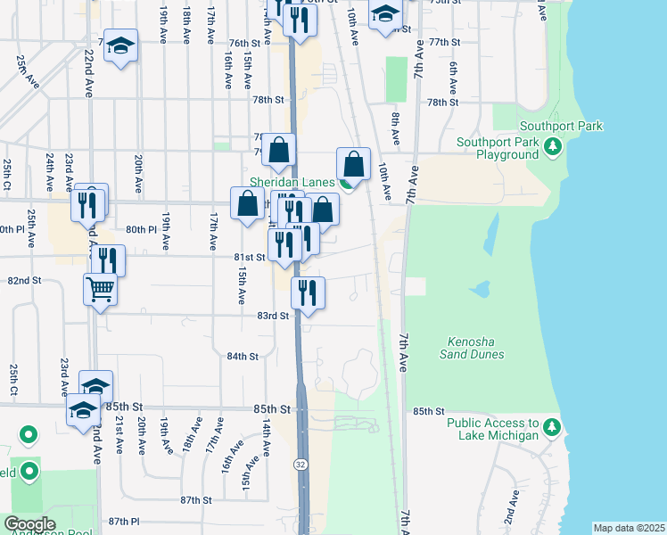 map of restaurants, bars, coffee shops, grocery stores, and more near 1130 82nd Street in Kenosha