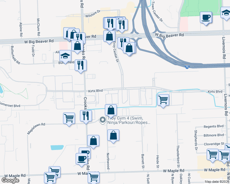 map of restaurants, bars, coffee shops, grocery stores, and more near 1129 Kirts Boulevard in Troy