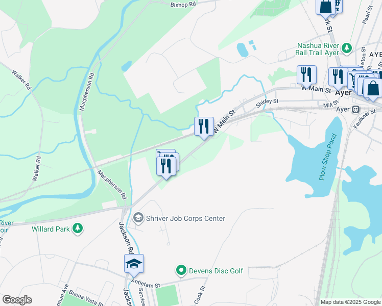 map of restaurants, bars, coffee shops, grocery stores, and more near West Main Street in Ayer