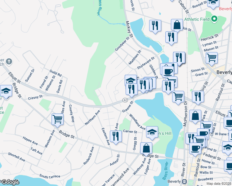 map of restaurants, bars, coffee shops, grocery stores, and more near 64 Sturtevant Street in Beverly