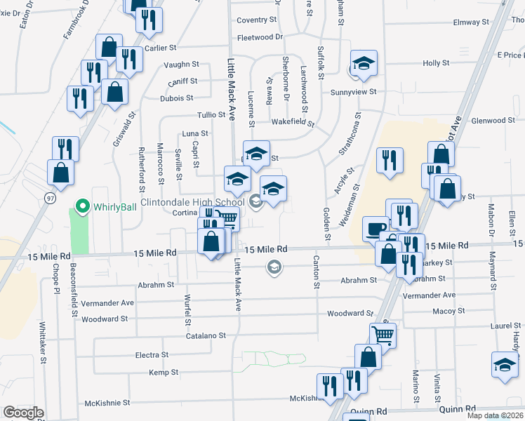map of restaurants, bars, coffee shops, grocery stores, and more near 35100 Little Mack Avenue in Clinton Township