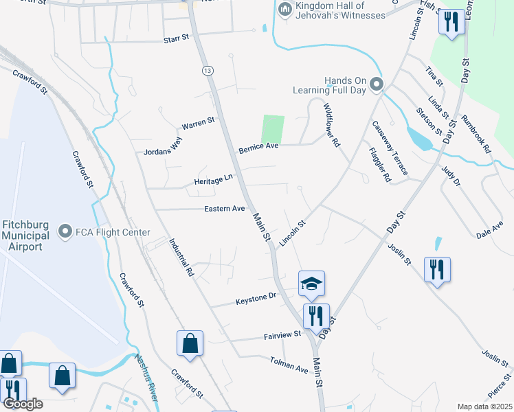 map of restaurants, bars, coffee shops, grocery stores, and more near 999 Main Street in Leominster