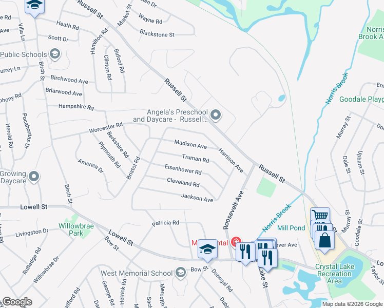 map of restaurants, bars, coffee shops, grocery stores, and more near 10 Madison Avenue in Peabody