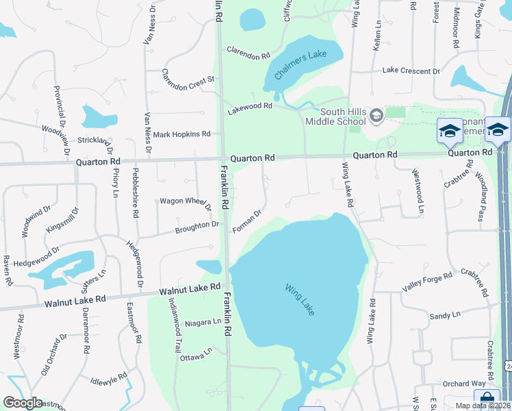 map of restaurants, bars, coffee shops, grocery stores, and more near 5640 Forman Dr in Bloomfield Hills