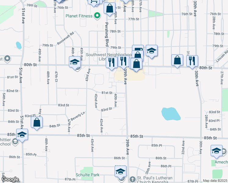 map of restaurants, bars, coffee shops, grocery stores, and more near 4000 81st Street in Kenosha