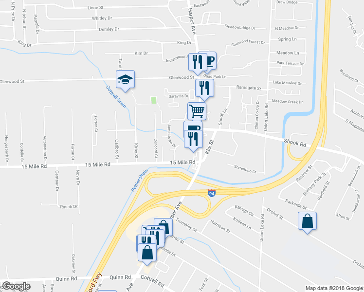 map of restaurants, bars, coffee shops, grocery stores, and more near 23770 Lansdowne Street in Clinton Township