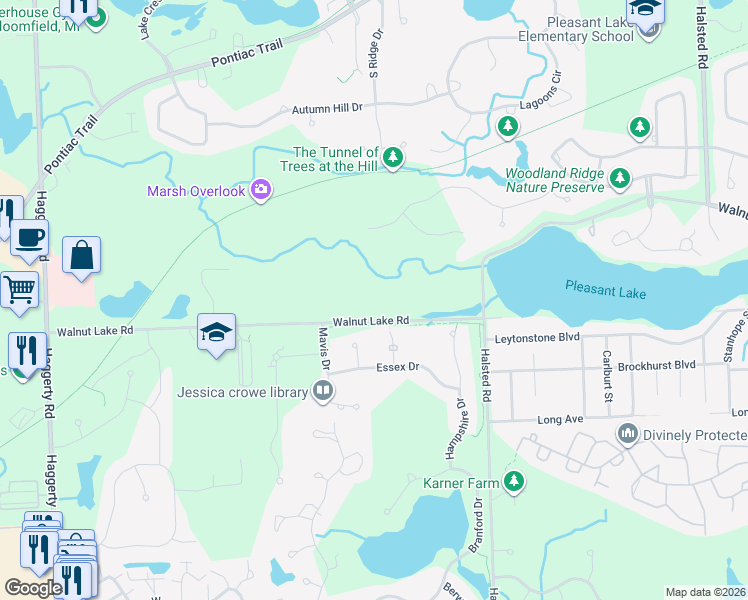map of restaurants, bars, coffee shops, grocery stores, and more near 7230 Walnut Lake Road in West Bloomfield Township