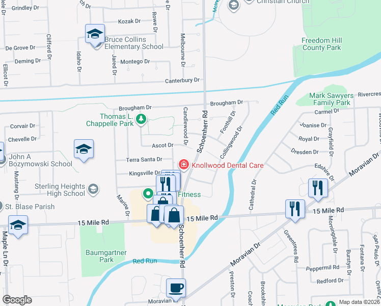 map of restaurants, bars, coffee shops, grocery stores, and more near 13754 Ascot Court in Sterling Heights