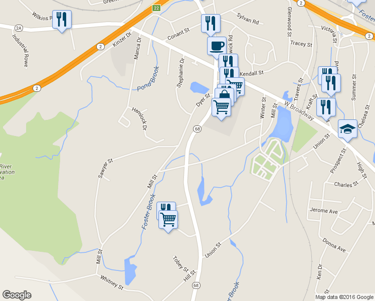 map of restaurants, bars, coffee shops, grocery stores, and more near 158 Dyer Street in Gardner