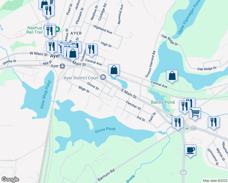 map of restaurants, bars, coffee shops, grocery stores, and more near 2 Pond Street in Ayer