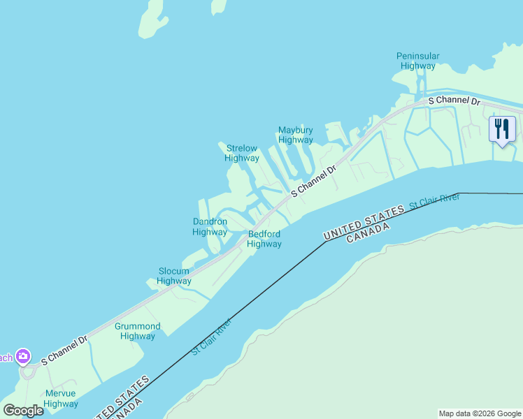 map of restaurants, bars, coffee shops, grocery stores, and more near 8396 South Channel Drive in Harsens Island