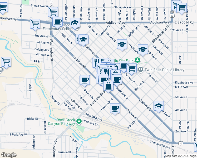 map of restaurants, bars, coffee shops, grocery stores, and more near in Twin Falls
