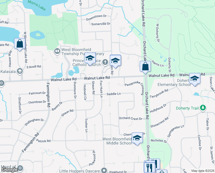 map of restaurants, bars, coffee shops, grocery stores, and more near 5550 Old Carriage Lane in West Bloomfield Township