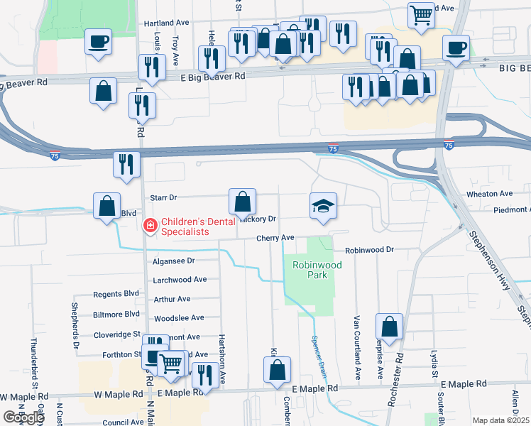 map of restaurants, bars, coffee shops, grocery stores, and more near 345 Hickory Drive in Troy