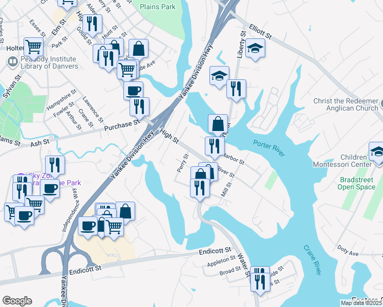 map of restaurants, bars, coffee shops, grocery stores, and more near 149 Massachusetts 35 in Danvers