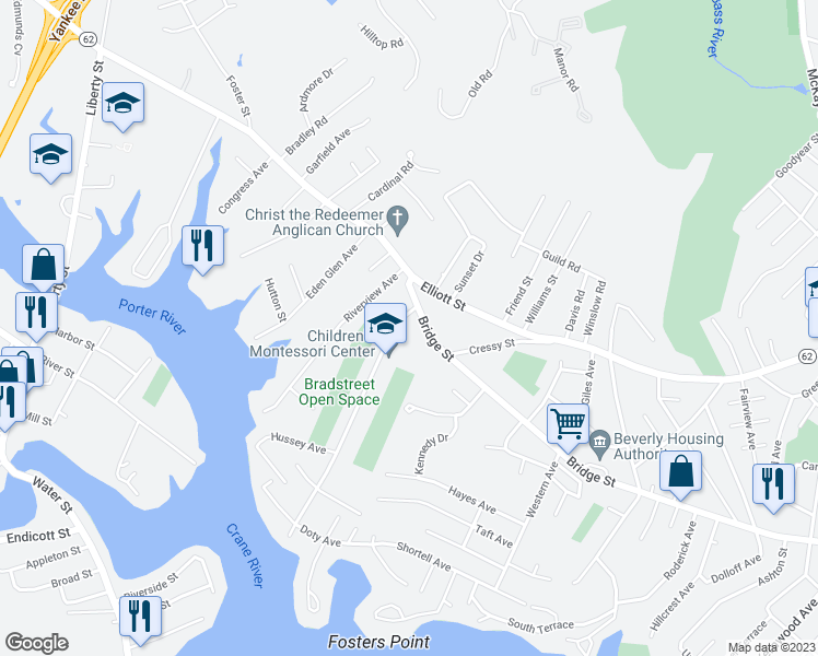 map of restaurants, bars, coffee shops, grocery stores, and more near 4 Bradstreet Avenue in Danvers