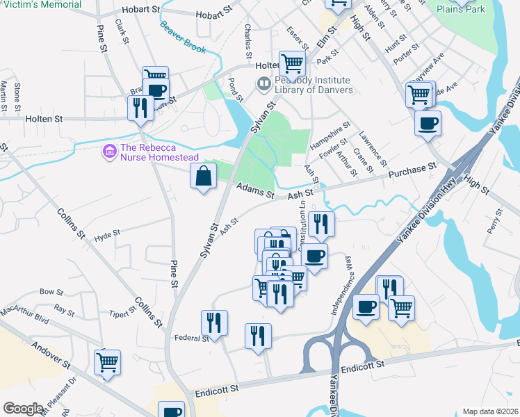map of restaurants, bars, coffee shops, grocery stores, and more near 94 Ash Street in Danvers