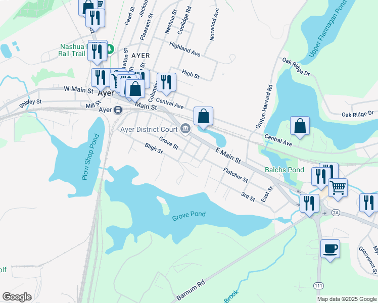 map of restaurants, bars, coffee shops, grocery stores, and more near 44 Grove Street in Ayer